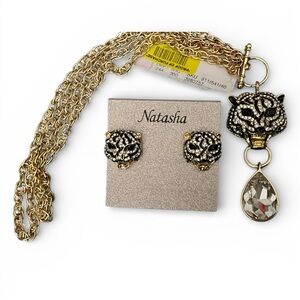 Natasha Couture Gold Toned Metal and Black and Clear Crystals Leopard Set NWTs